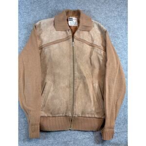 Vintage 70s Gimbles Chore Jacket Mens XL Brown Leather Knit Lined Full Zip Retro